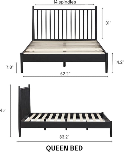 NTC Inno Wooden Bed Frame with Headboard, Solid Oak and Rubber Wood Foundation with Silent Slats and Wood Central Supports, 1000 Lb Capacity, Effortless Assembly, Queen - Burnt Black