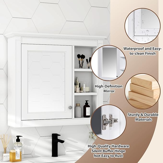 Bathroom Wall Cabinet with Mirror, 30'' x 28'' Medicine Cabinet with Mirror Door and Adjustable Shelves, Over Toilet Storage Cabinet, Wall-Mounted Bathroom Mirrors for Over Sink with Storage