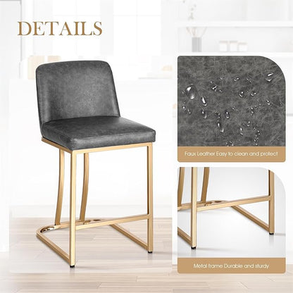 Sophia & William Counter Height Bar Stools Set of 4, Gold Bar Stools for Kitchen Island, Modern PU Leather Counter Stools,Grey & Gold