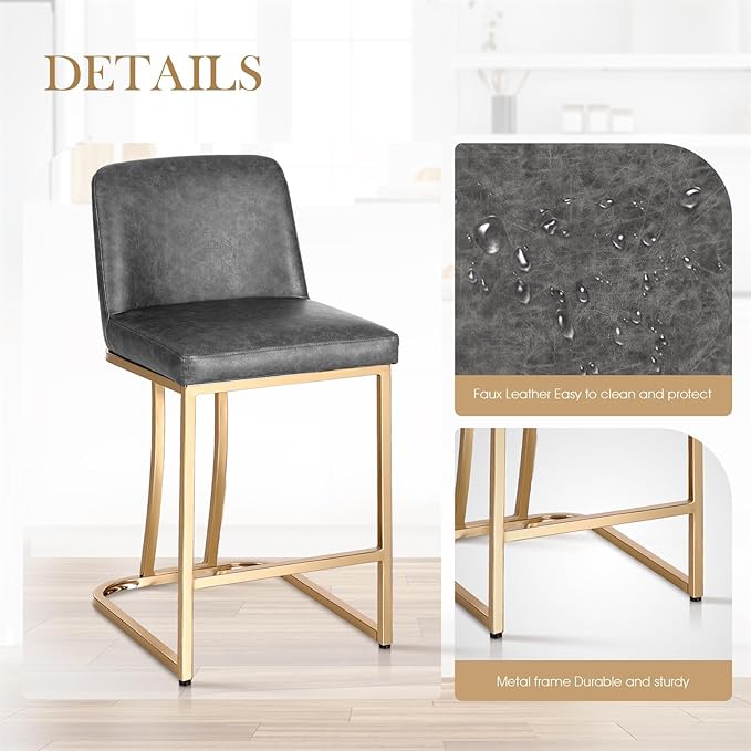 Sophia & William Counter Height Bar Stools, 24" Bar Stools with Back for Kitchen Counter, Modern PU Leather Kitchen Counter Stools,Grey Gold