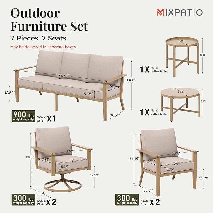 7-Piece Patio Outdoor Conversation Furniture Set with Dual Swivel/Stationary Chairs, Steel Modern Outdoor Patio Conversation Sets with Thick Cushions for Porch, Balcony, Backyard-Beige