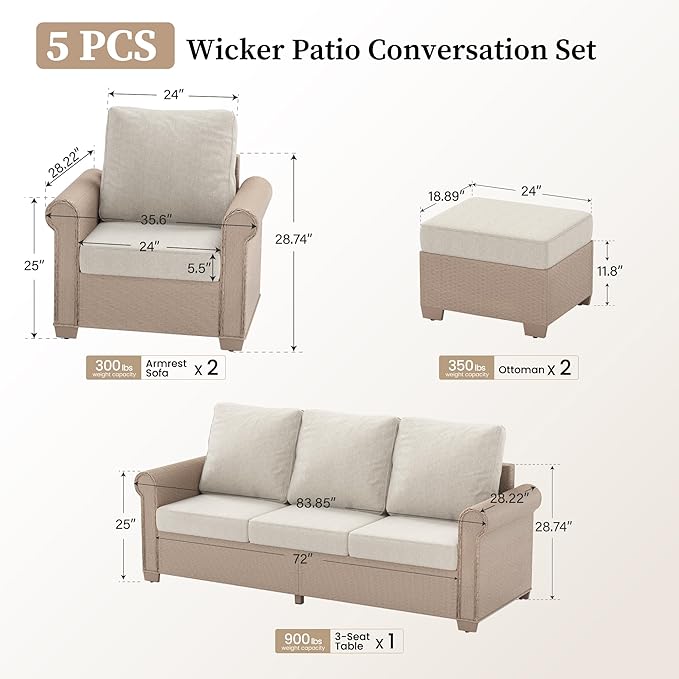 Patio Furniture Set 5 pcs, Wicker Rattan Sofa with 5.5" Thick Waterproof Cushions, 2 Chairs and Ottomans, All Weather Outdoor Conversation Set for Backyard Deck, 7 Seats Beige