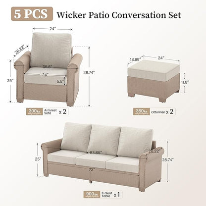 Patio Furniture Set 5 pcs, Wicker Rattan Sofa with 5.5" Thick Waterproof Cushions, 2 Chairs and Ottomans, All Weather Outdoor Conversation Set for Backyard Deck, 7 Seats Beige