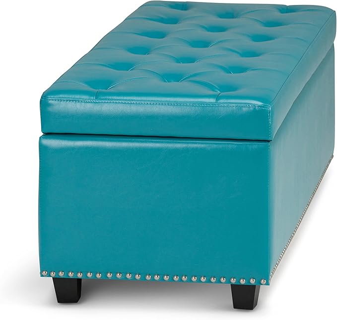 SIMPLIHOME Hamilton 48 inch Wide Transitional Rectangle Storage Ottoman in Mediterranean Blue Vegan Faux Leather, Assembled, For the Living Room, Entryway and Family Room