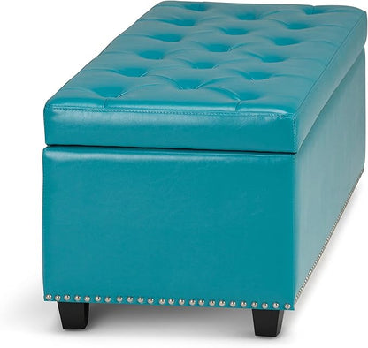 SIMPLIHOME Hamilton 48 inch Wide Transitional Rectangle Storage Ottoman in Mediterranean Blue Vegan Faux Leather, Assembled, For the Living Room, Entryway and Family Room