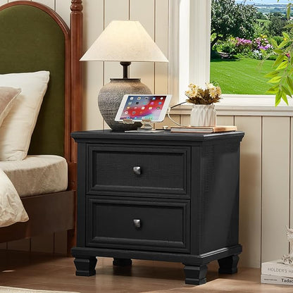 Farmhouse Bedroom Dresser and Nightstand Set of 4, 6 Drawer Tall & Low Dresser & 2 Drawer Nightstand Set, Rustic Wood Bedroom Furniture Set for Livingroom, Hallway, Black
