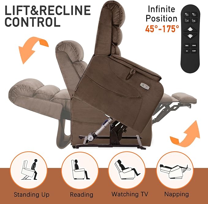 EONIX Dual Motor Lay Flat Power Lift Recliner Chair for Elderly, Chenille Fabric Electric Lift Chairs for Adults, 400lbs Heavy Duty Power Recliner with Heat Massage Charging Ports, Chenille Brown