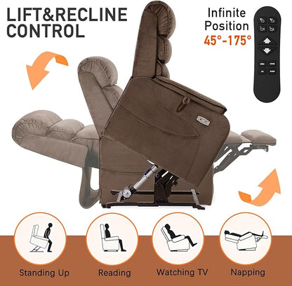 EONIX Dual Motor Lay Flat Power Lift Recliner Chair for Elderly, Chenille Fabric Electric Lift Chairs for Adults, 400lbs Heavy Duty Power Recliner with Heat Massage Charging Ports, Chenille Brown