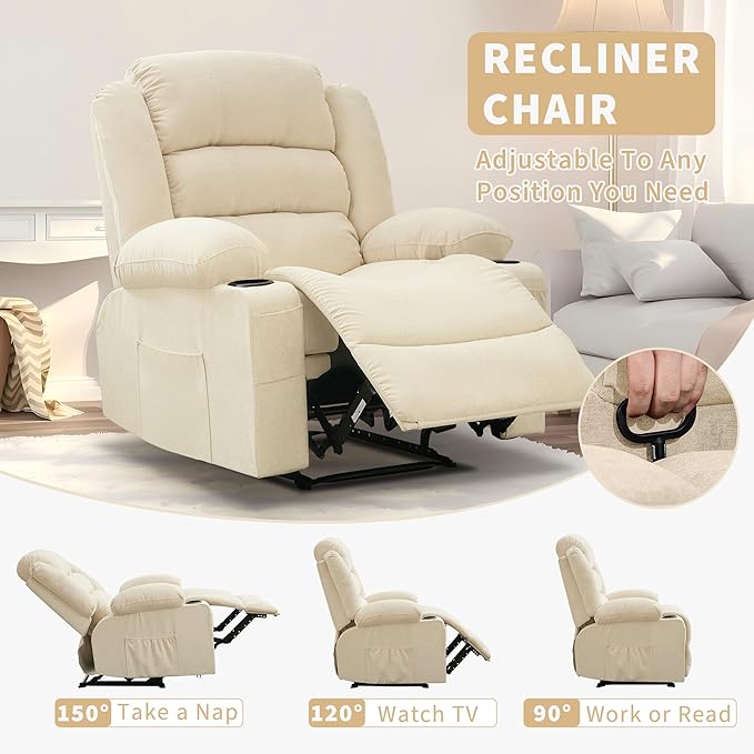 Large Recliner Chair for Adults Overstuffed Fabric Manual Pull Tab Recliner with Cup Holders, Side Pocket, 3-Position Recline, Minimalist Style Single Sofa Chair for Living Room Bedroom, Beige