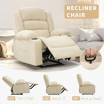 Large Recliner Chair for Adults Overstuffed Fabric Manual Pull Tab Recliner with Cup Holders, Side Pocket, 3-Position Recline, Minimalist Style Single Sofa Chair for Living Room Bedroom, Beige