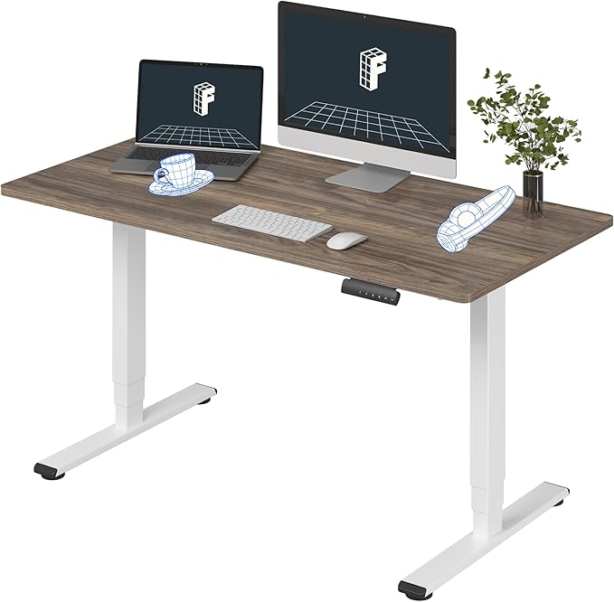 FLEXISPOT E6 3 Stages Dual Motor Electric Standing Desk 55x28 Inch Whole-Piece Board Height Adjustable Electric Sit Stand Desk(White Frame + Brown Wood Grain Desktop, 2 Packages)