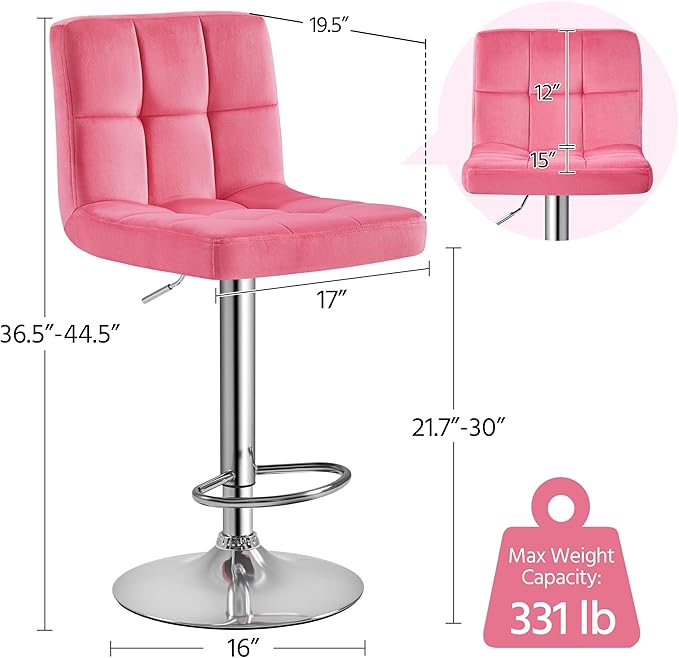 Yaheetech Pink Velvet Bar Stools, Adjustable Barstools Set of 4, Armless Swivel Counter Stools with Thickened Seat Cushion for Kitchen Island, Pink