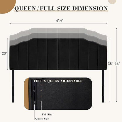 Upholstered Headboard Adjustable Height Queen/King Headboard Cream Velvet Tufted Modern Vertical Channel Design with Stepped Silhouette Top Edge(Black Queen)