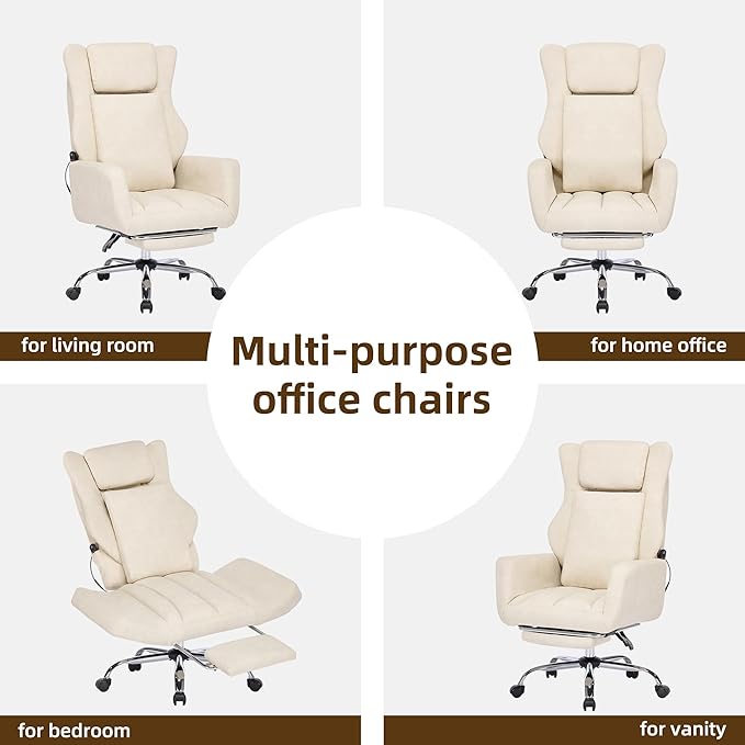 DYHOME Executive Office Chair with Massage and Footrest Heavy Duty Task Desk Swivel Ergonomic Chairs with Lumbar Support Wheels Flip-up Arms Adjustable Height,Leather Beige Computer Gaming Chairs
