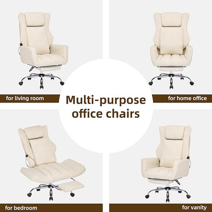 DYHOME Executive Office Chair with Massage and Footrest Heavy Duty Task Desk Swivel Ergonomic Chairs with Lumbar Support Wheels Flip-up Arms Adjustable Height,Leather Beige Computer Gaming Chairs