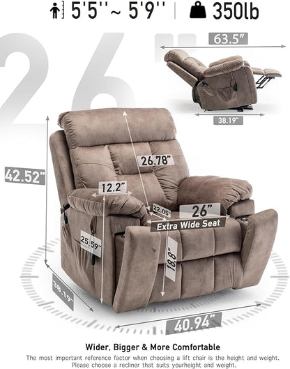 Large Power Lift Chairs Recliners for Elderly with Heated and Massage, Lazy Boy Recliner Chair with 26in Extra Wide Seat, Hidden Cup Holder, Side Pocket
