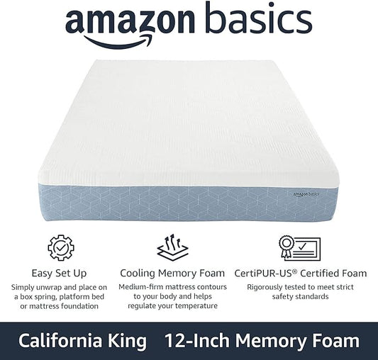 Amazon Basics Gel Memory Foam Mattress, Firm, Cooling, California King Mattress, CertiPUR-US® Certified Foam, 84 x 72 x 12 inches, White/Gray