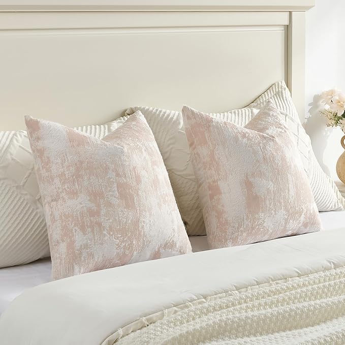 FUTEI Pink White Decorative Throw Pillow Covers 16x16 Inch Set of 2,Soft Faux Cashmere Jacquard - Textured & Cozy Cushion Case,Modern Home Decor for Couch Bed Living Room