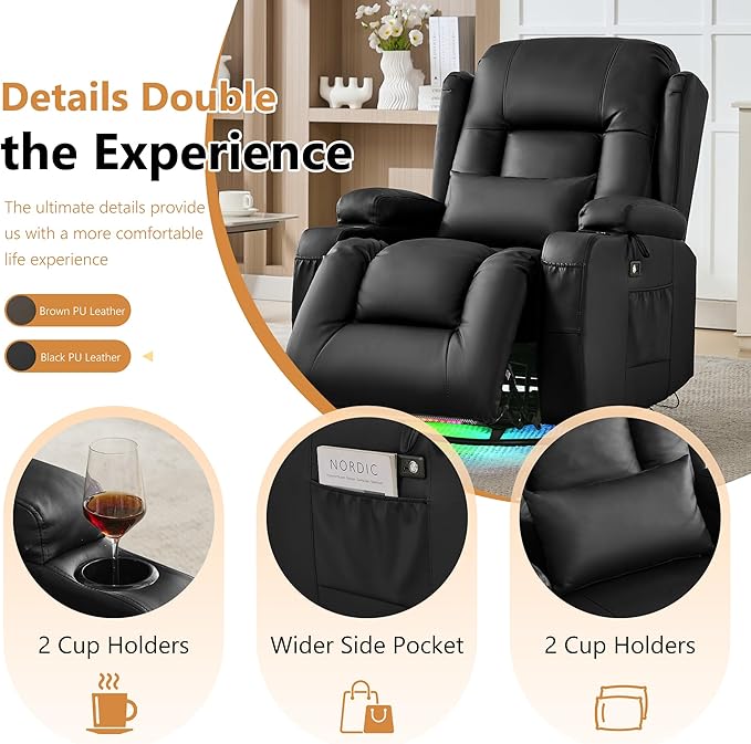 URRED Rocker Recliner Chair for Adults, 270° Swivel Glider Reclining Single Sofa with LED Ambient Light, Cup Holders and Side Pockets, Faux Leather Recliner for Living Room or Home Theater, Black