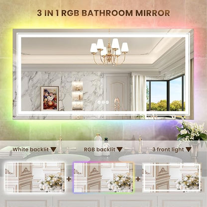 WTTY LED Bathroom Mirror 60"x36" with RGB Backlit and Front Light,Stepless Dimmable LED Mirror for Bathroom,Lighted Bathroom Vanity Mirror,Anti-Fog,Memory Function,Shatter-Proof,Wall Mounted