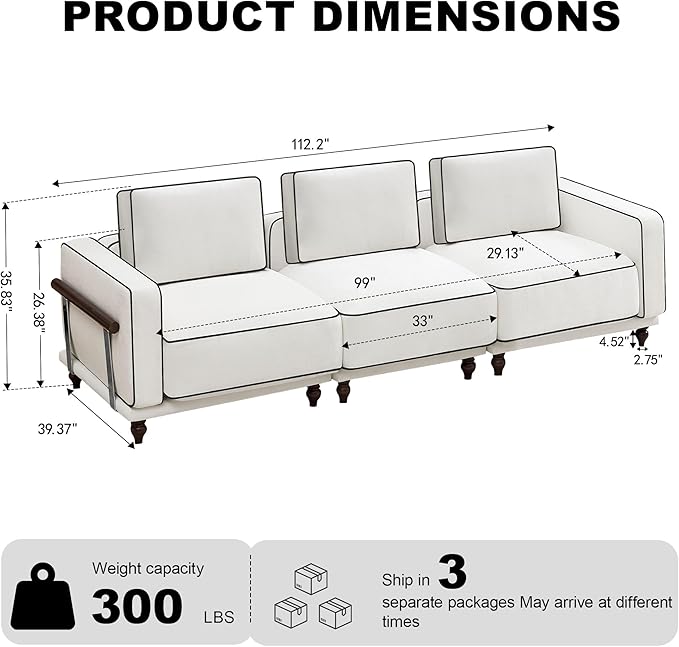112" Cloud Modular Sectional Sofa,Oversized Deep 3 Seater Couch with Armrests Wooden Legs,Comfy Thicked Cushion Upholstered Sofa for Living Room Bedroom,White
