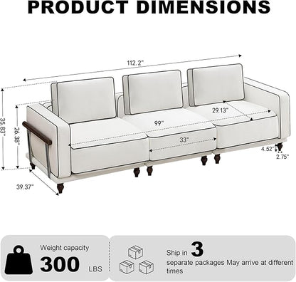 112" Cloud Modular Sectional Sofa,Oversized Deep 3 Seater Couch with Armrests Wooden Legs,Comfy Thicked Cushion Upholstered Sofa for Living Room Bedroom,White