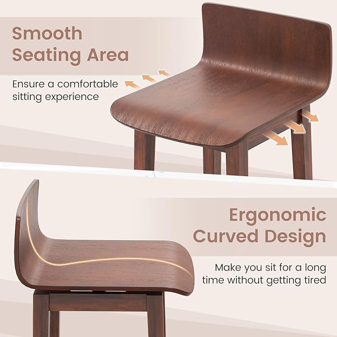 COSTWAY Swivel Solid Wood Dining Stools Set of 4, 19-inch Counter Height Chairs with Low Back, Footrest, Farmhouse Wooden Armless barstools for Kitchen Island, Dining Room, Cafe, Breakfast, Walnut