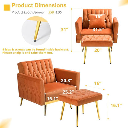 Velvet Accent Chair w/Adjustable Armrests and Backrest, Button Tufted Lounge Chair, Single Recliner Armchair with Ottoman and Pillow for Living Room, Bedroom,Orange