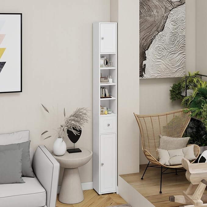 Tall Slim Bathroom Storage Cabinet, 71" Freestanding Bathroom Cabinet w/ 2 Doors, 1 Drawer, 4 Adjustable Shelves, Floor Narrow Tower Cabinet for Small Spaces