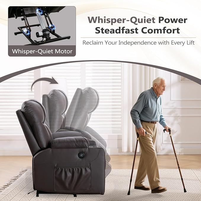 ANJ Brown Power Lift Recliner Chair for Elderly with Heat & Massage, Faux Leather Electric Recliner Sofa with Cup Holders, USB Port & Side Pockets, Heavy Duty Reclining Chair for Seniors
