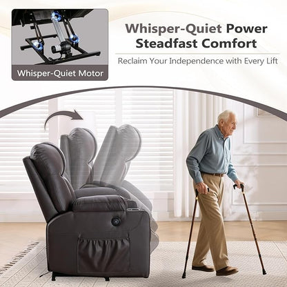 ANJ Brown Power Lift Recliner Chair for Elderly with Heat & Massage, Faux Leather Electric Recliner Sofa with Cup Holders, USB Port & Side Pockets, Heavy Duty Reclining Chair for Seniors