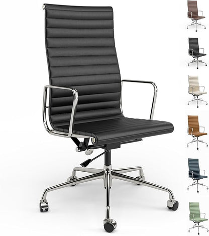 High Back Genuine Leather Ribbed Office Chair-Ergonomic Desk Chair with Aluminum Alloy Armrest & Frame, Swivel Silent Wheels & Tilt Function, Adjustable Height