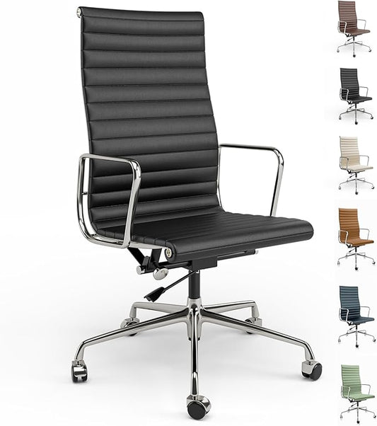 High Back Genuine Leather Ribbed Office Chair-Ergonomic Desk Chair with Aluminum Alloy Armrest & Frame, Swivel Silent Wheels & Tilt Function, Adjustable Height