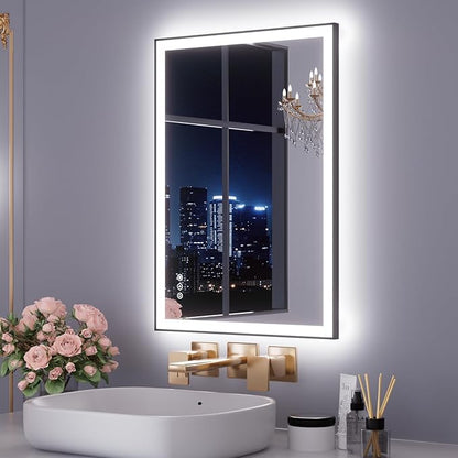 WTTY 28"X36" LED Bathroom Mirror with Black Frame, Bathroom Vanity Mirror with Lights for Wall, Front Light and Backlit, Anti-Fog, Dimmable, 3 Colors, Shatterproof, Memory, Horizontal/Vertical