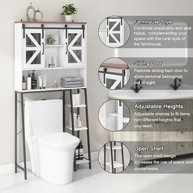 Vabches Over The Toilet Storage Cabinet, Farmhouse Storage Cabinet Over Toilet with Sliding Barn Door，Home Space-Saving Toilet Rack, for Bathroom, Restroom, Laundry