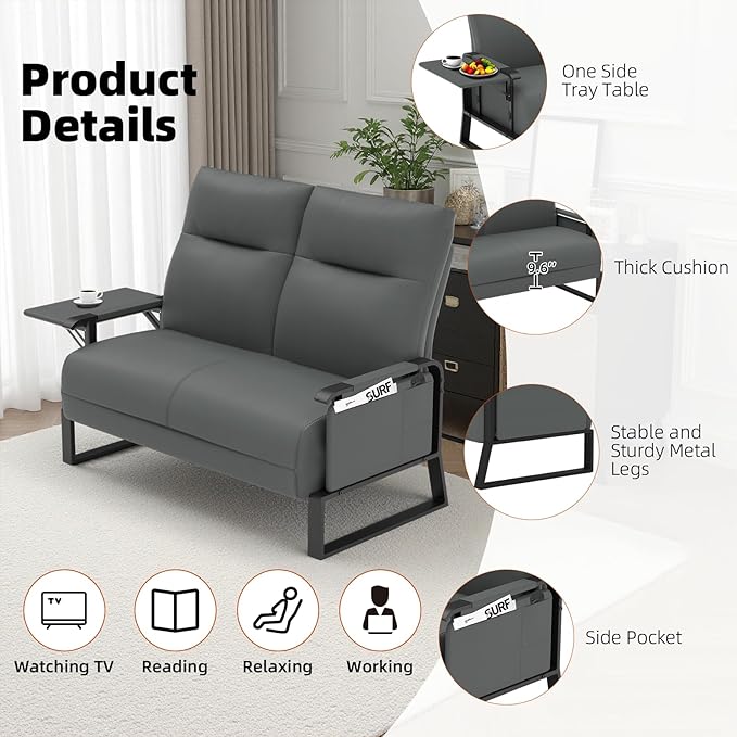 Faux Leather Loveseat, Upholstered Loveseat with Side Tray Table & Storage Pocket, Small Loveseat for Living Room, Modern 2 Seater Sofa Couch for Small Spaces, Bedroom, Gray