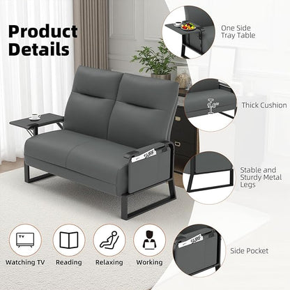 Faux Leather Loveseat, Upholstered Loveseat with Side Tray Table & Storage Pocket, Small Loveseat for Living Room, Modern 2 Seater Sofa Couch for Small Spaces, Bedroom, Gray