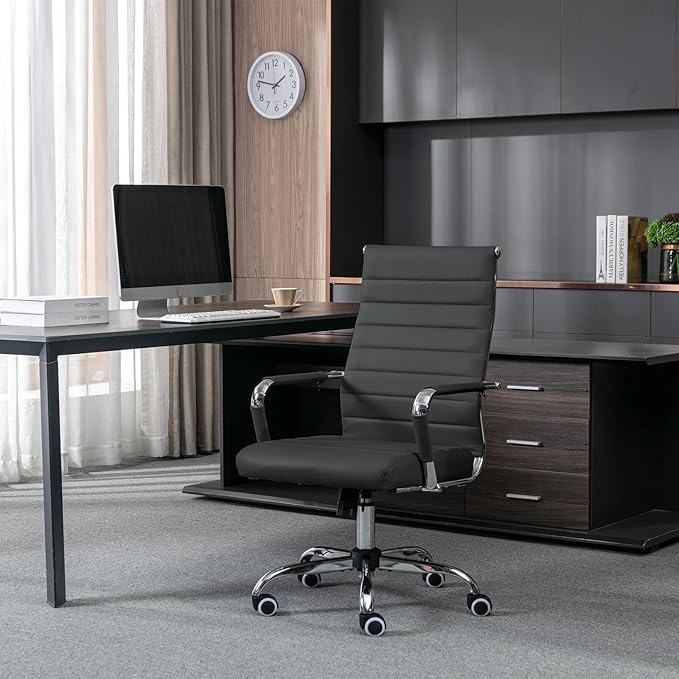 Home Office Chair Ribbed, Modern Leather Conference Room Chairs, Ergonomic Office Desk Chair, High Back Executive Computer Chair, Adjustable Swivel Chair with Arms (Black)