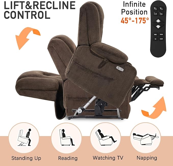 EONIX Lay Flat Power Lift Recliner Chair with Heat and Massage, Dual Motor Electric Lift Chair for Elderly for Postoperative Recovery, 400lbs Heavy Duty, Cup Holders, Lumbar Pillow, Coffee