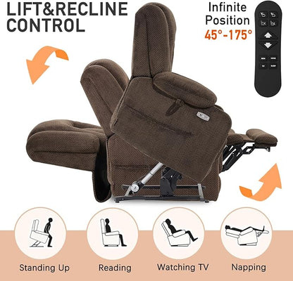 EONIX Lay Flat Power Lift Recliner Chair with Heat and Massage, Dual Motor Electric Lift Chair for Elderly for Postoperative Recovery, 400lbs Heavy Duty, Cup Holders, Lumbar Pillow, Coffee