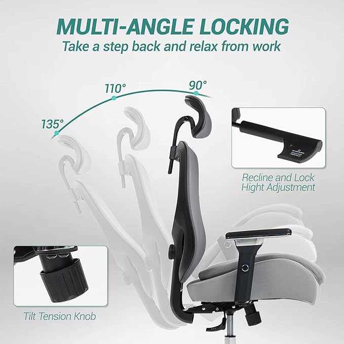 Big and Tall Executive Office Chair, Ergonomic Comfy Mesh Desk Chair with 4D Arms & Extra Wide Seat, Adjustable Headrest & Lumbar Support, 750LBS Capacity, Grey