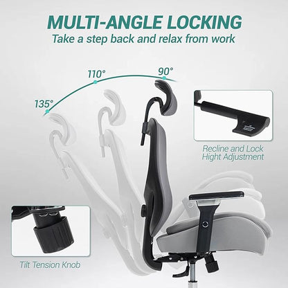 Big and Tall Executive Office Chair, Ergonomic Comfy Mesh Desk Chair with 4D Arms & Extra Wide Seat, Adjustable Headrest & Lumbar Support, 750LBS Capacity, Grey