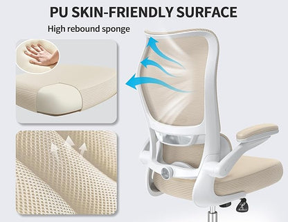 TRALT Ergonomic Office Chair - Desk Chair with Wave High Back Adjustable Lumbar Support Computer Chair - Gaming Chairs Mesh Backrest and PU Leather Seat for Home Reading Chairs to Adults(Beige)