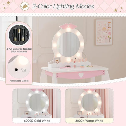 MU Kids Vanity Set with Lighted Mirror and Stool, Kids Make Up Vanity Desk with Storage Space, Wing Pattern for Little Girls, Toddler Princess Makeup Dressing Table with Chair Set, White