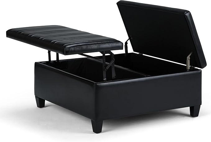 SIMPLIHOME Ellis 36 inch Wide Contemporary Square Coffee Table Storage Ottoman in Midnight Black Vegan Faux Leather, Assembled, For the Living Room and Bedroom