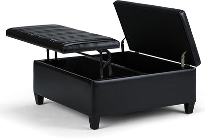 SIMPLIHOME Ellis 36 inch Wide Contemporary Square Coffee Table Storage Ottoman in Midnight Black Vegan Faux Leather, Assembled, For the Living Room and Bedroom