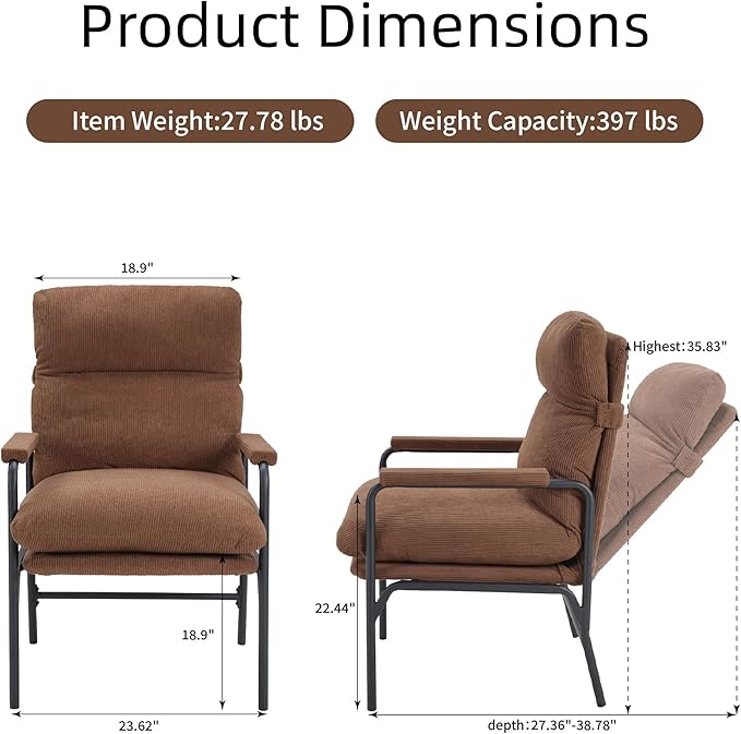 FLEXISPOT Accent Chair for Living Room,Arm Chair for Bedroom,with Padded Arms, Thicken Comfortable Cushion,Metal Frame,Reading Bedroom Chair Armchair for Home/Office/Cafe/Apartment/Waiting Room,Brown
