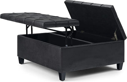 SIMPLIHOME Harrison Coffee Table Storage Ottoman - 36 inch Wide Upholstered Vegan Leather Square Lift-Top Ottoman in Distressed Black, Transitional Ottoman for Living Room with Hidden Storage