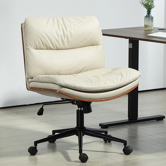 Armless Modern Walnut Office Desk Chair with Wheels, PU Leather Adjustable Wide Swivel Executive Task Chair, Ergonomic Cross Legged Computer Chair for Conference Room, Home Office, Beige