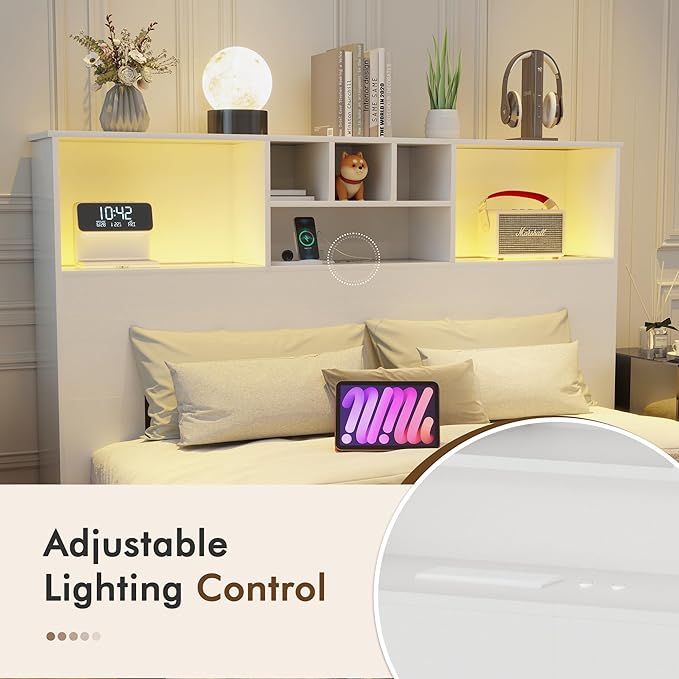 Apicizon 65" Queen Size Storage Headboard, Wood Headboard with Charging Station, Queen with Power Outlets, Ajustable LED Lights for Bedroom, White